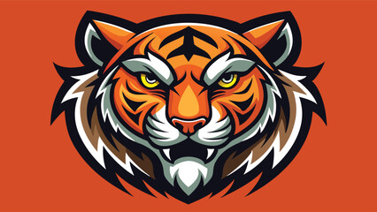 Poster - Vibrant vector illustration of a tiger head showcasing fierce expression and striking colors against a teal background
