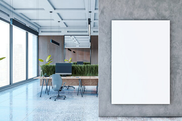 Poster - Modern office interior with blank vertical canvas on concrete wall. 3D Rendering