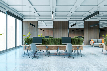 Poster - Modern open-plan office with natural elements and wooden decor. 3D Rendering