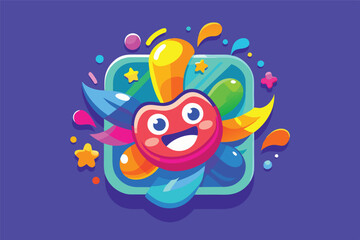 Poster - Colorful vector illustration featuring geometric shapes, planets, and leaves in a vibrant design set against a blue background