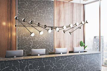 Aufkleber - Modern luxury hotel reception desk with stylish lighting and cracked stone design. 3D Rendering