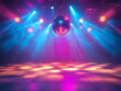 © Jack - Retro style 70s disco club background with groovy dance floor mirror ball hanging from ceiling and colorful spotlights