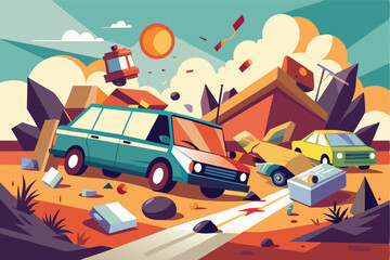 Poster - Vector illustration of a chaotic landscape with colorful vehicles and debris amidst a stylized background of clouds and sun