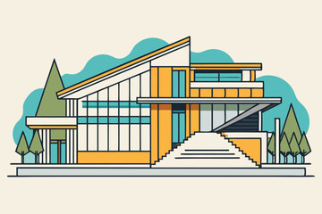 Poster - Modern architectural logo design featuring a colorful vector illustration of a stylish building with large windows and unique structure in a simplified style