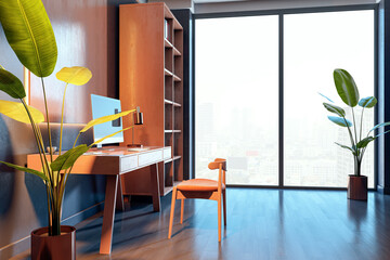 Aufkleber - Modern stylish home office with wooden furniture and large window city view. 3D Rendering