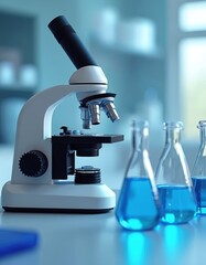 Poster - Laboratory microscope close-up. Scientific research with blue liquid samples in glassware. Experiment in science lab. Equipment for chemical analysis, biotech study, virus testing, vaccine