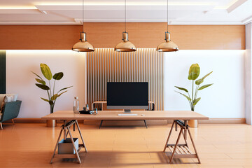 Poster - Modern minimalist office workspace with wooden furniture and elegant lighting. 3D Rendering
