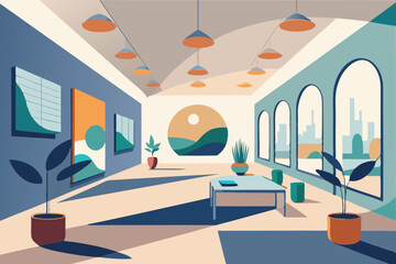 Fototapete - Modern art gallery interior featuring colorful artwork and natural light with plants enhancing the creative atmosphere
