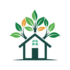Poster - Vector illustration of a tree with green leaves next to a yellow house in a minimalist design suitable for eco-friendly themes