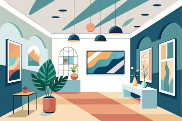 Fototapete - Modern art gallery interior featuring colorful artwork and natural light with plants enhancing the creative atmosphere