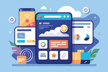Poster - Vector illustration showcasing a smartphone surrounded by various application icons and design elements in a modern digital environment
