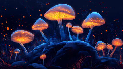 Wall Mural - Glowing mushrooms grow on dark rock. blue light shines around small plants. orange sparks float. fantasy nature scene at night. Mycelial Dream. Illustration