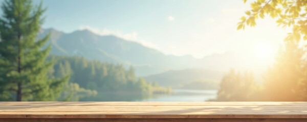 Poster - Wooden table top with blurred trees, blue sky backdrop, distant mountains. Sunny summer nature scene with light, sunlight. Empty space for product display or food montage. Serene landscape.