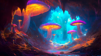 Wall Mural - Colorful cave fungi, surreal landscape, fantasy art. Mycelial Dream. Illustration