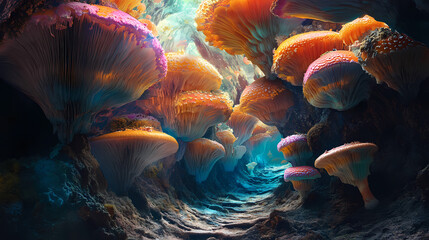 Wall Mural - Colorful cave fungi, surreal landscape, fantasy art. Mycelial Dream. Illustration