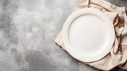 Fototapete - A simple, elegant empty plate rests on a beige linen napkin against a rustic brown background, perfect for presentations.