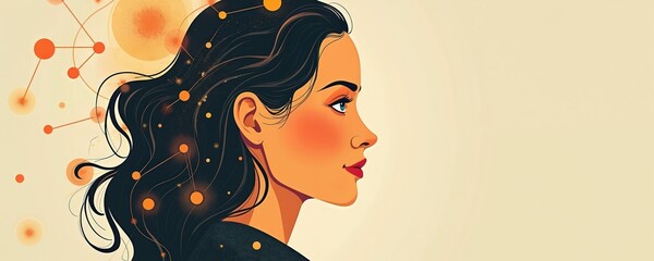 Fototapete - Illustration of woman silhouette face profile with AI neural network brain. Concept of artificial intelligence, machine learning, digital age, neural network. Scientific abstract design, innovation