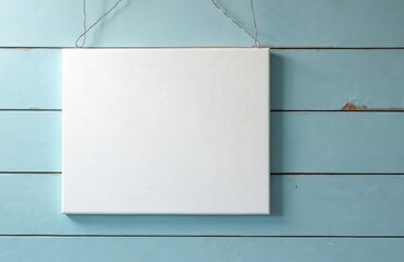 Aufkleber - Hanging white canvas mockup on light blue wooden wall. Clean stretched wrapped blank picture, print for decoration. Rustic wood background, interior decor, enclosed gallery, frame template.