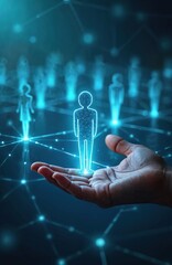 Human resource tech concept glowing human icon on hand. Recruitment management abstract blue background. Business idea for global digital network, cyberspace, communication, social media, artificial