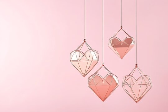A pink background with rose gold geometric heart-shaped objects hanging from the top of it, creating an elegant and romantic atmosphere for Valentine's Day or wedding decoration