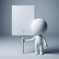 Poster - A white 3D figure holds a blank sign with a question mark on a light background, rendered in a minimalist style. Generative AI.