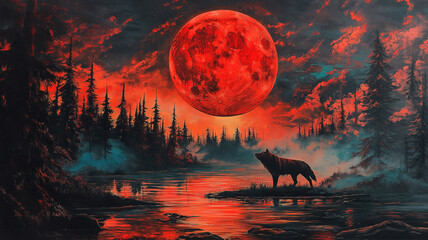 Poster - Chilly blue-toned spooky forest under the full moon, creating a perfect Halloween night atmosphere