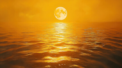 Poster - Radiant yellow super moon casting shadows on the water surface creating a mystical scene