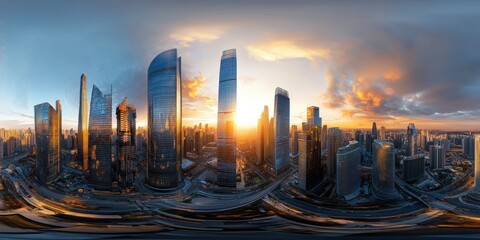 Wall Mural - ultra-wide panoramic 360-degree hdri image of a modern city skyline at sunset, glass skyscrapers ref