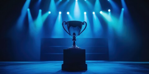 Wall Mural - a shiny trophy cup illuminated by dramatic blue stage lights, the atmosphere suggests celebration or