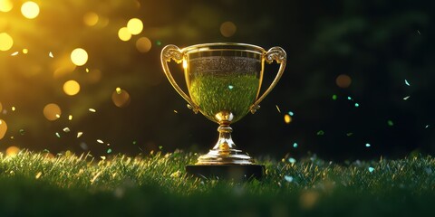 Wall Mural - golden trophy. trophy is standing on grass. dark green background. backlight. green and yellow light