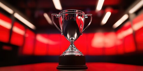 Wall Mural - a silver trophy. displayed on a pedestal in a formula 1 broadcast studio. in a red, white and black