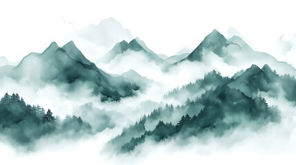 Wall Mural - dark green color watercolor illustration of misty mountains landscape isolated on white or transpare