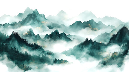 Wall Mural - dark green color watercolor illustration of misty mountains landscape isolated on white or transpare