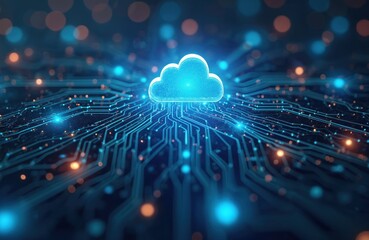 Fototapete - Cloud computing concept. Digital data transfers on internet. Futuristic digital tech graphic with cloud icon on circuit board, symbolizing online network, AI, big data and cyberspace.