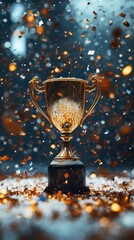 Wall Mural - photorealistic render of a golden trophy through a finish line ribbon, confetti in the air, dramatic