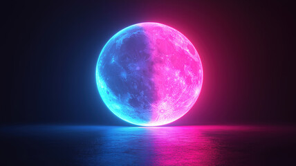 Poster - Pink and blue neon light moon icon glowing brightly in vibrant night mode technology style