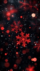 Fototapete - Realistic image of red glowing snowflakes on black background with bokeh lights for christmas decor