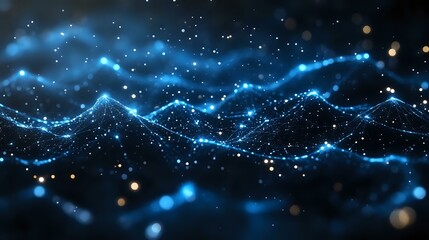 Poster - Glowing blue waves of light particles flow through dark space creating abstract network visualization with bokeh effect and sparkles in motion.