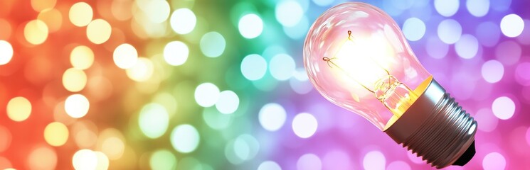 Poster - Illuminating Ideas: Bright Lightbulb Glowing Against Colorful Bokeh Background, Symbolizing Innovation and Creativity.