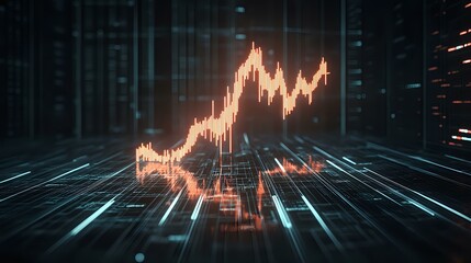 Poster - Glowing orange stock market chart rises dramatically against dark futuristic grid background with blue light trails, representing financial growth and technology.