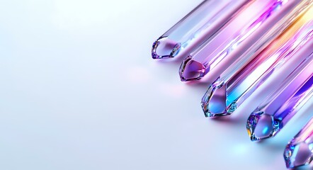 Poster - Crystal glass prisms reflecting rainbow light with purple and pink iridescent colors on gradient background, creating magical optical effects.