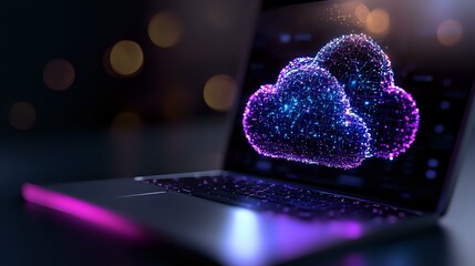 Poster - Glowing digital cloud symbol on laptop keyboard with purple and blue neon lights against dark background with bokeh effect. Cloud computing concept.