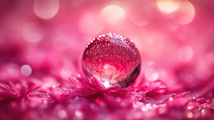 Poster - Detailed macro shot of water droplets forming a sphere, surrounded by a soft glowing bokeh background