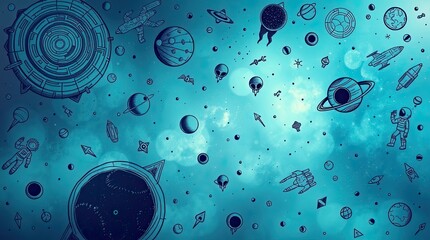 Bright blue background features an array of planets rockets and astronauts showcasing the wonders of outer space exploration and creativity