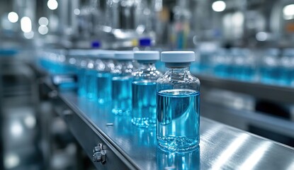 Poster - Automated Liquid Filling: Conveyor System Transports Vials Efficiently in a Modern Factory Setting, showcasing Sterile Production