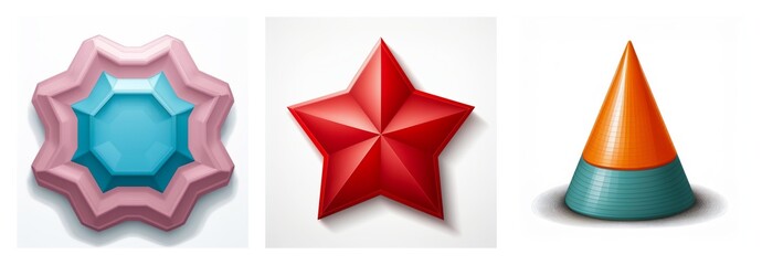 Aufkleber - Three distinct shapes: a layered octagon in pink and blue, a red star, and a two-tone cone in orange and green-blue, all isolated with shadows.