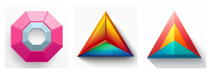 Aufkleber - Three dimensional geometric shapes showcase an octagon with pink and blue tones and two triangles with vibrant gradient colors and shadows. Shapes.