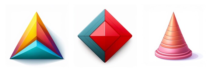 Aufkleber - Three vibrant geometric shapes are displayed: a tetrahedron with colorful facets, a diamond with red and teal tones, and a pink cone with textured rings. Shapes.