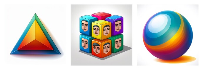 Aufkleber - Three shapes are shown: triangle, cube with faces, and sphere.  Colorful and modern design elements on a white backdrop. Shapes.