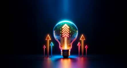 Aufkleber - a bright light bulb emits a radiant glow, surrounded by dynamic upward arrows. this image represents
